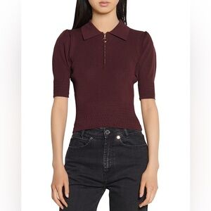Sandro Burgundy Polo Collar Blouse Nami Half Zip Sweater In Bordeaux size Xs